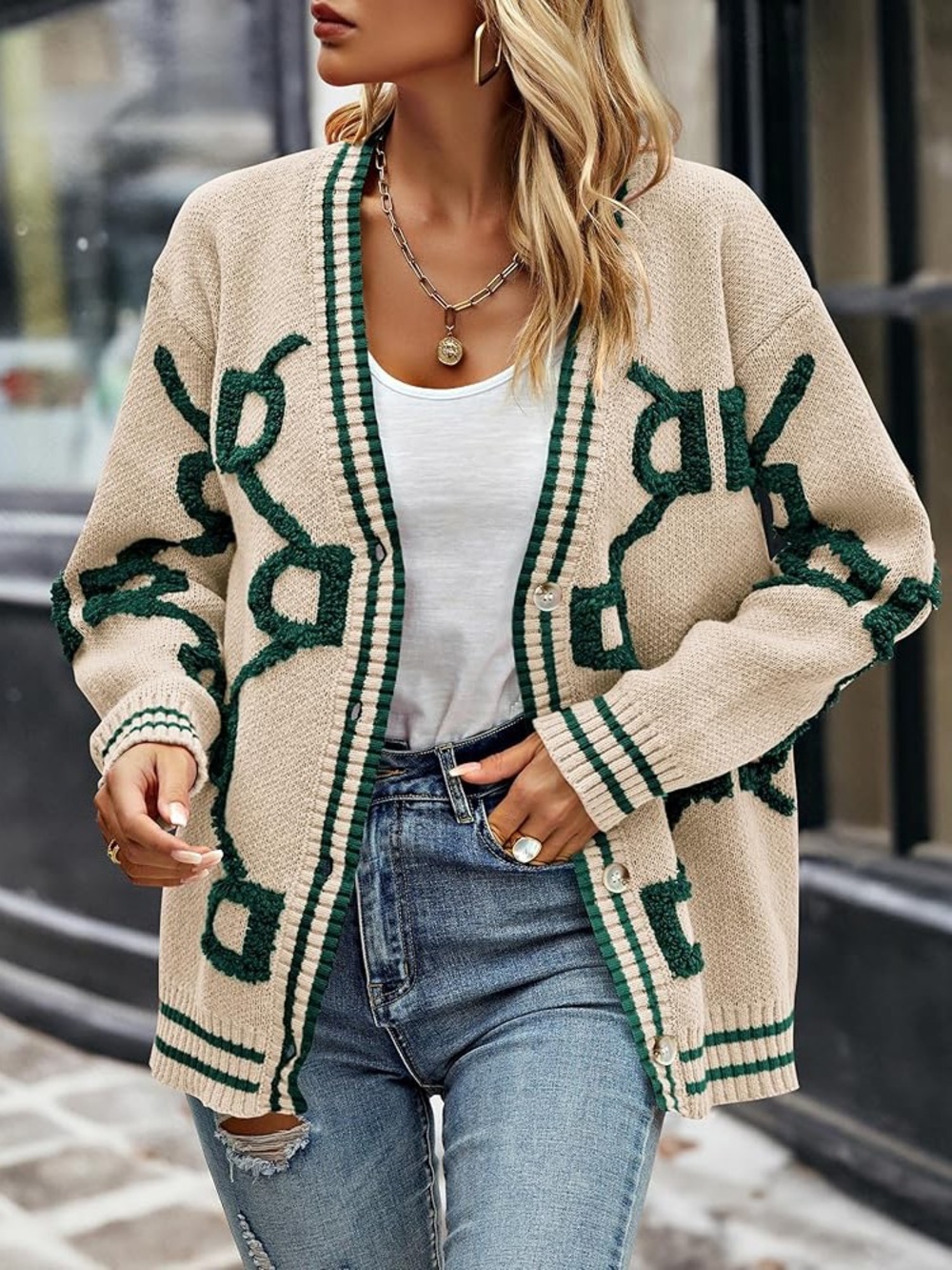 Pretty Garden Cream & Dark Green V-Neck Button Cardigan